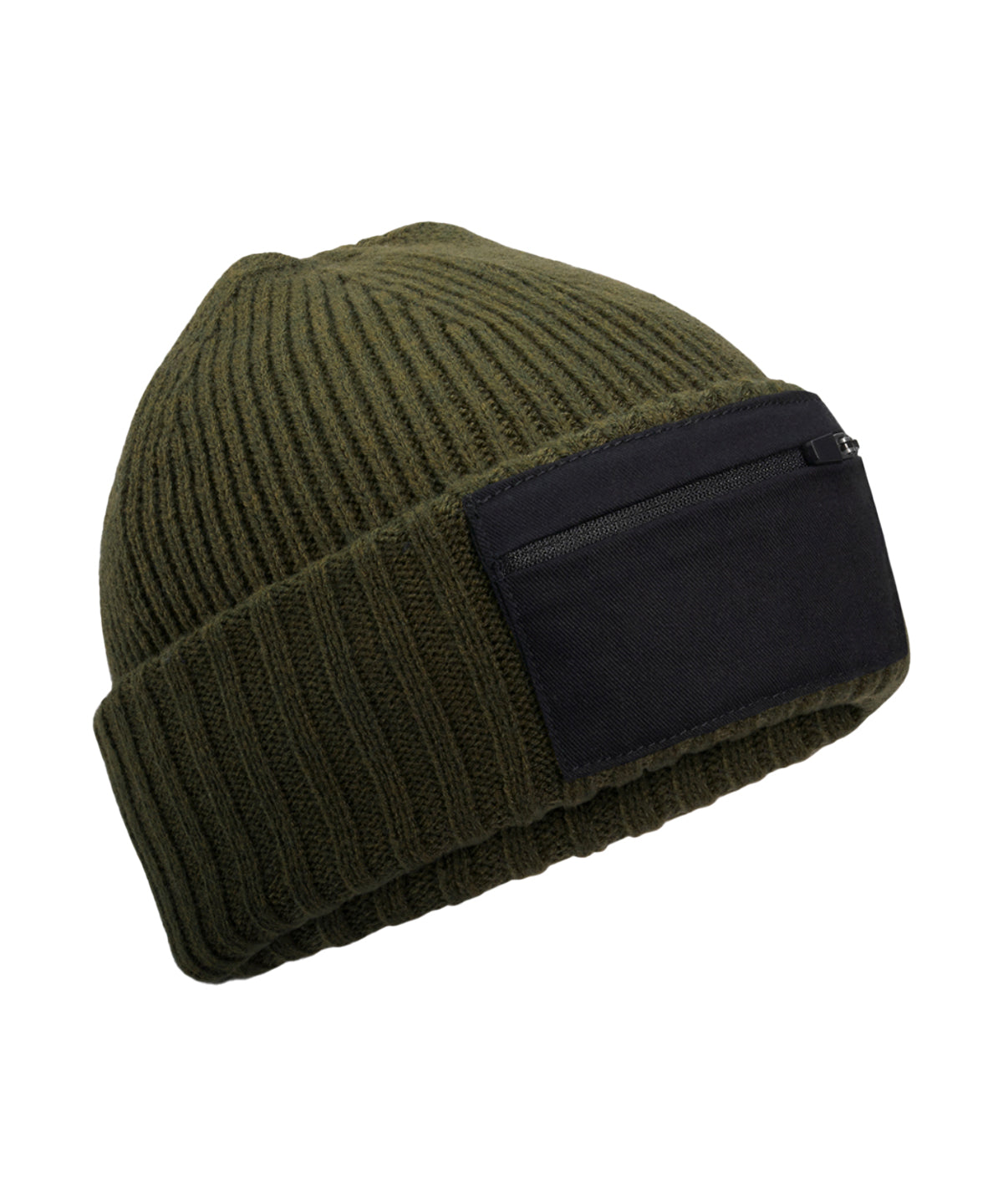 Beechfield Zip patch beanie in Military Green/Black, front view