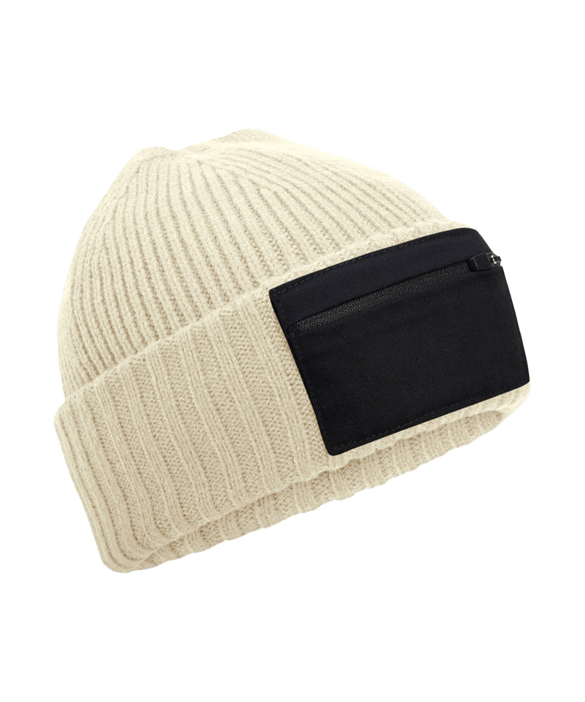 Beechfield Zip patch beanie in Sand/Black, front view