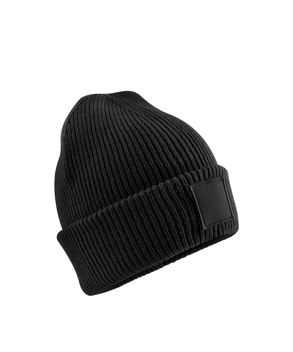 Beechfield Kids deep cuffed tonal patch beanie in Black, front view
