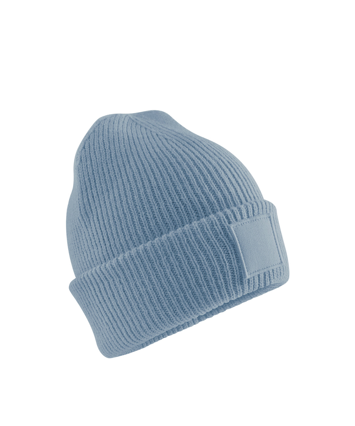 Beechfield Kids deep cuffed tonal patch beanie in Dusty Blue, front view