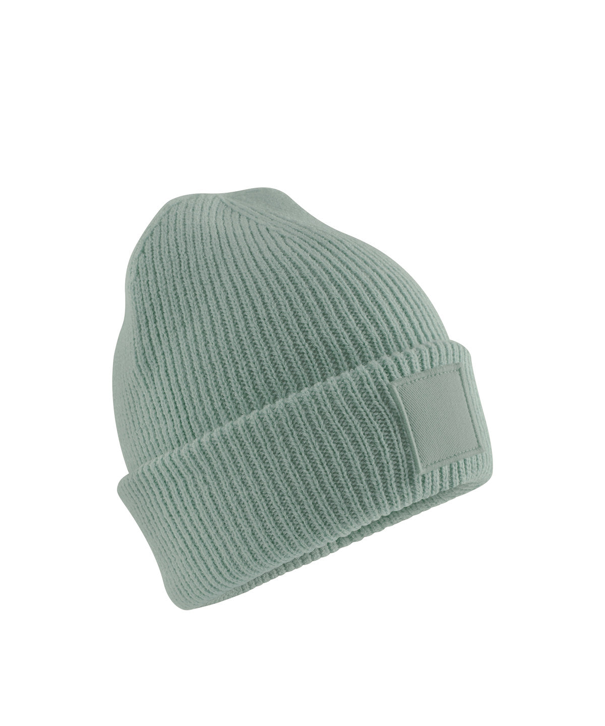 Beechfield Kids deep cuffed tonal patch beanie in Dusty Green, front view