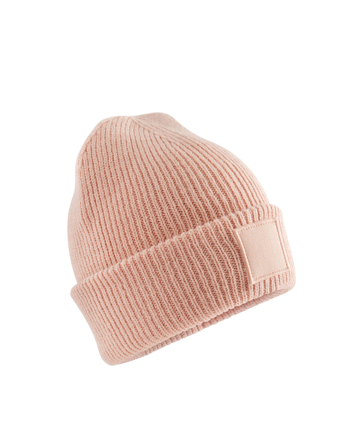 Beechfield Kids deep cuffed tonal patch beanie in Peach, front view