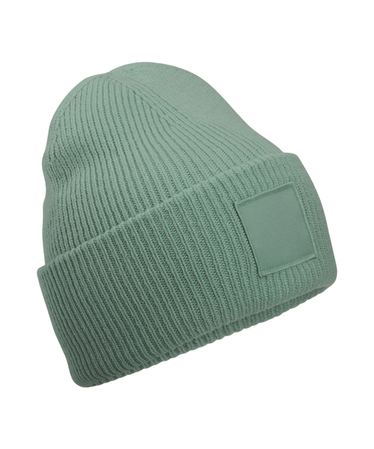 Beechfield Deep-cuffed tonal patch beanie in Dusty Green, front view