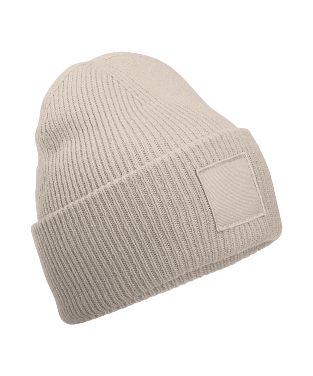 Beechfield Deep-cuffed tonal patch beanie in Natural Stone, front view