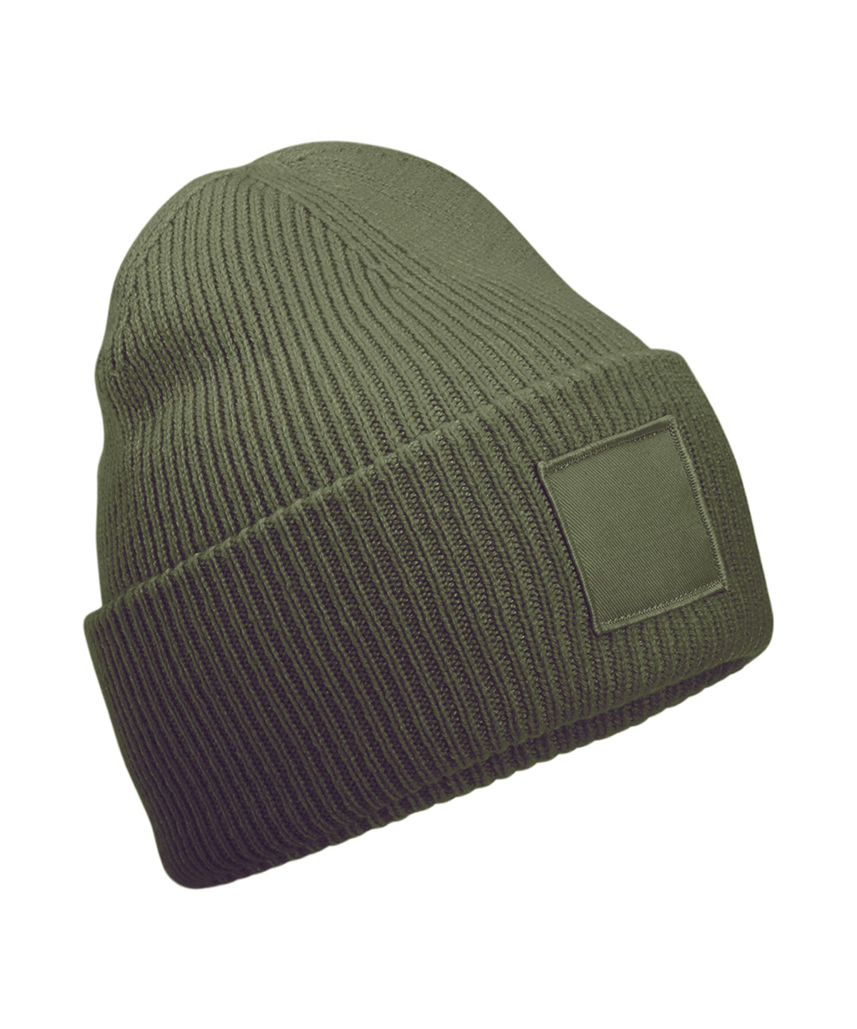 Beechfield Deep-cuffed tonal patch beanie in Olive Green, front view