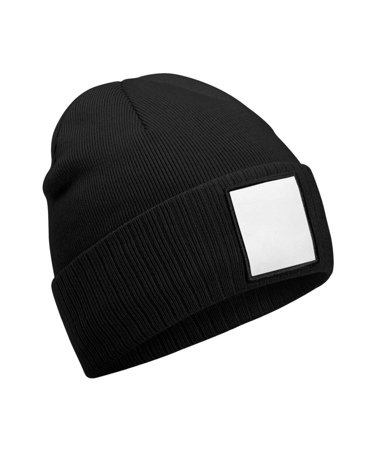 Beechfield Appliqué patch beanie in Black/White, front view