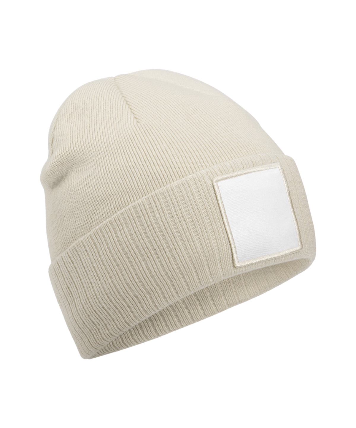 Beechfield Appliqué patch beanie in Oatmeal/White, front view