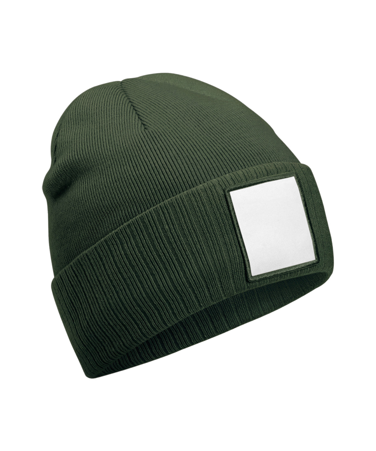 Beechfield Appliqué patch beanie in Olive Green/White, front view