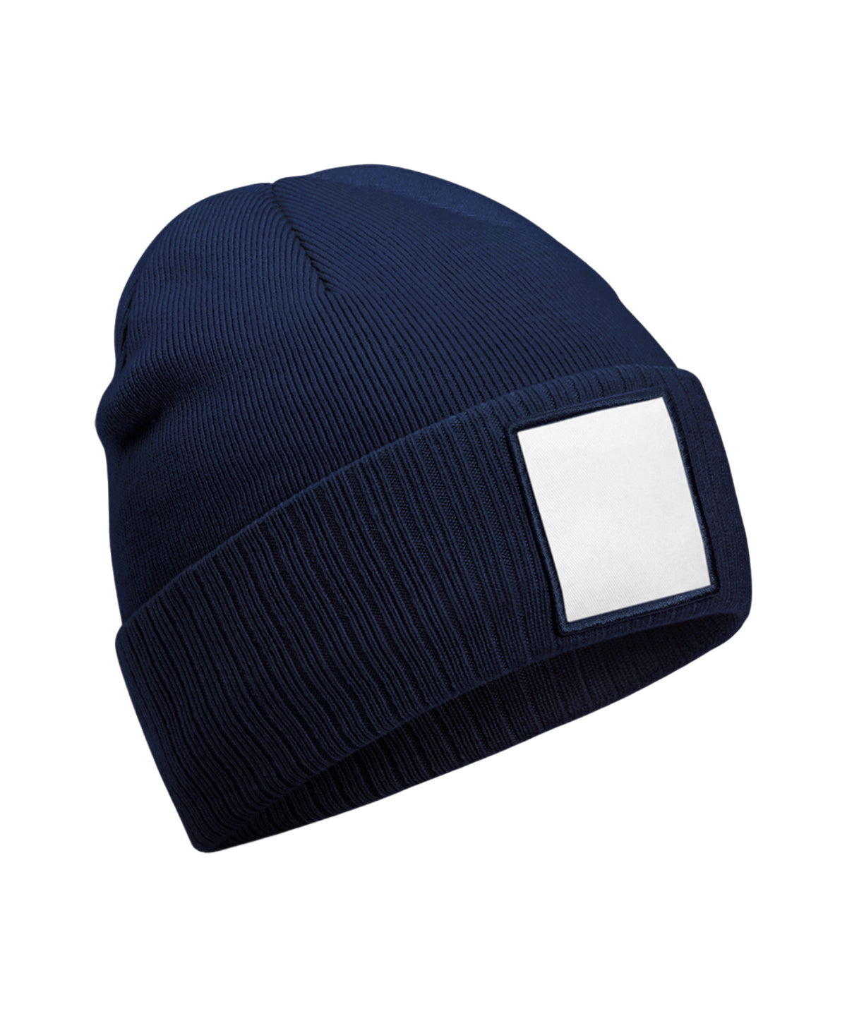 Beechfield Appliqué patch beanie in Oxford Navy/White, front view