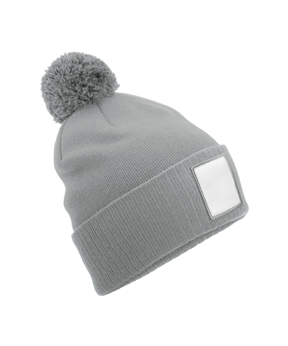 Beechfield Appliqué patch pom beanie in Ash/White, front view