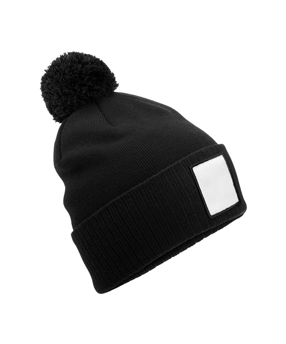 Beechfield Appliqué patch pom beanie in Black/White, front view