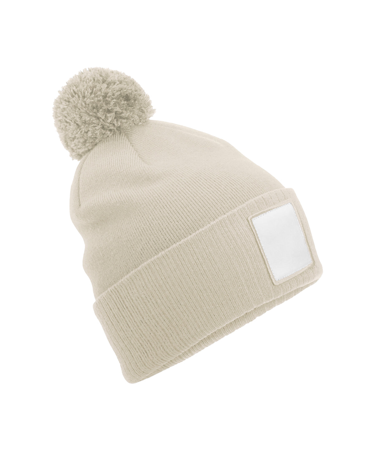 Beechfield Appliqué patch pom beanie in Oatmeal/White, front view