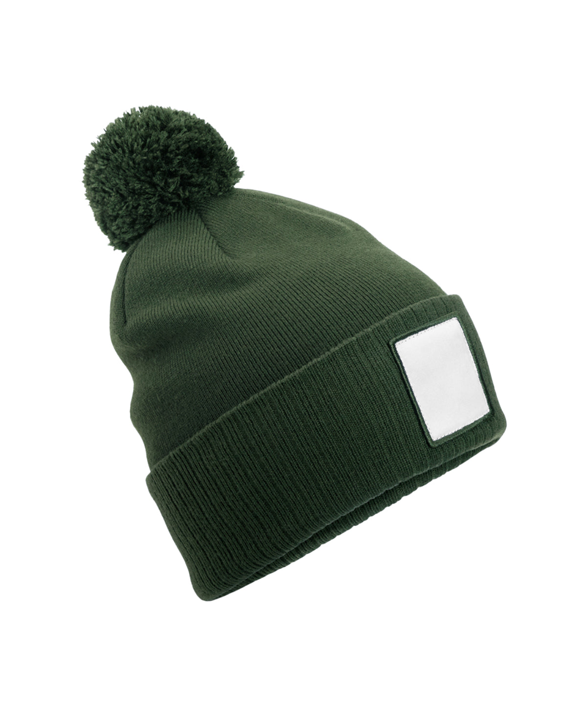 Beechfield Appliqué patch pom beanie in Olive Green/White, front view