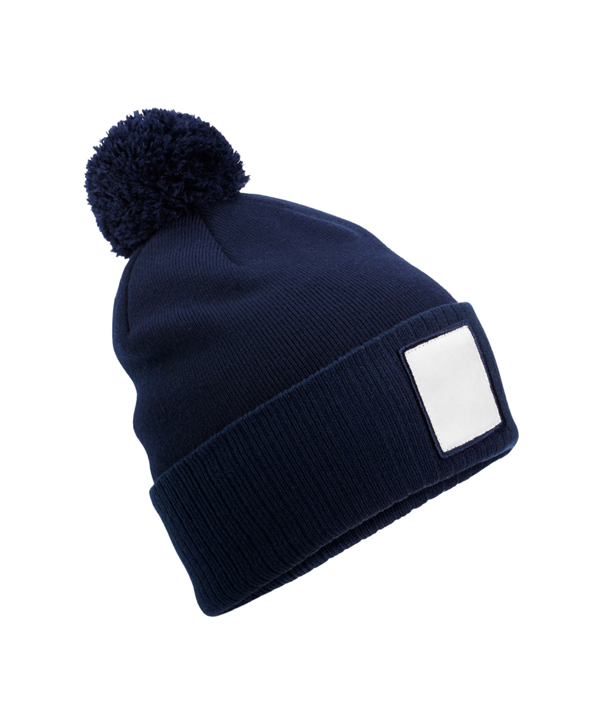 Beechfield Appliqué patch pom beanie in Oxford Navy/White, front view