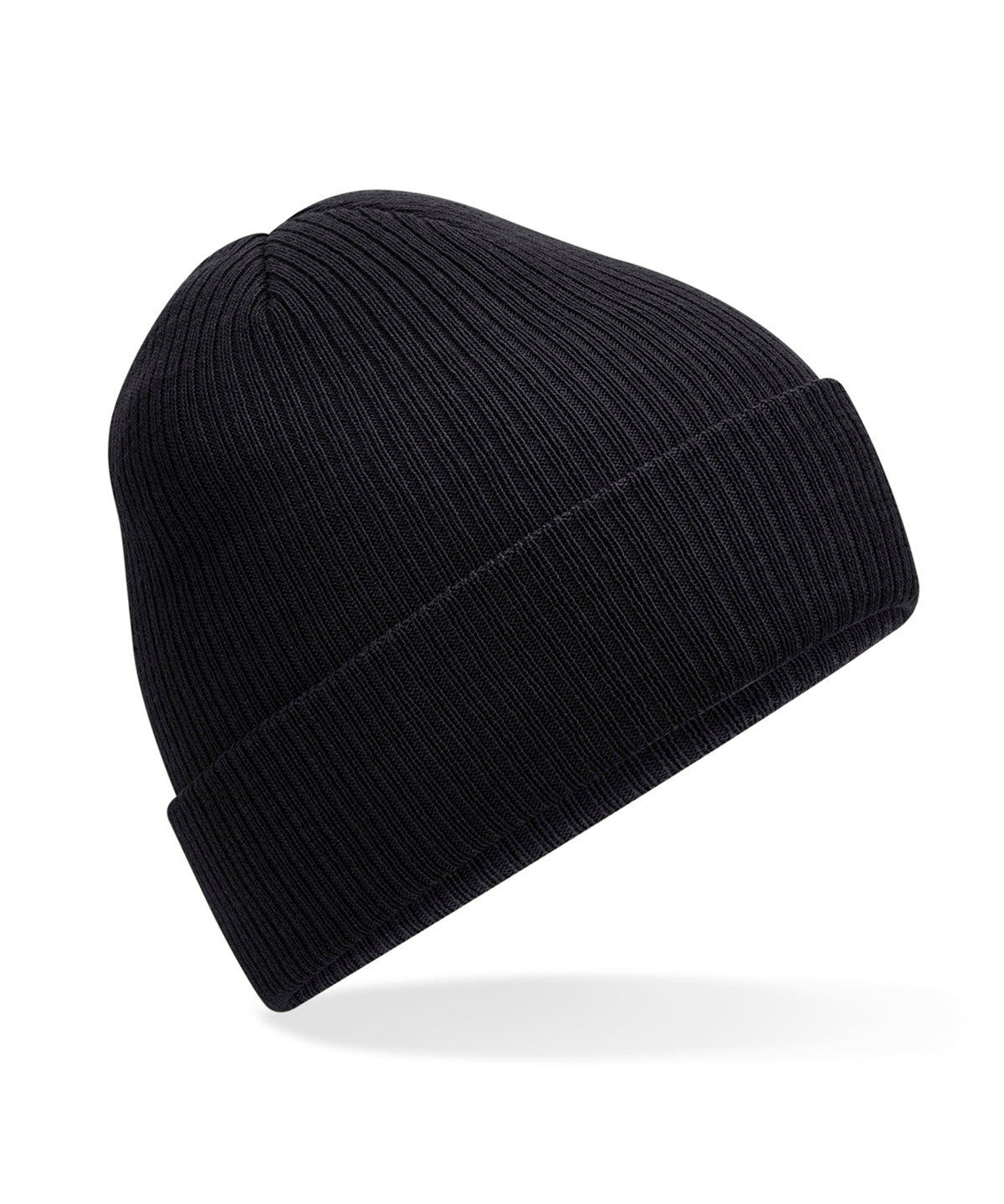 Beechfield Polylana ribbed beanie in Black, front view
