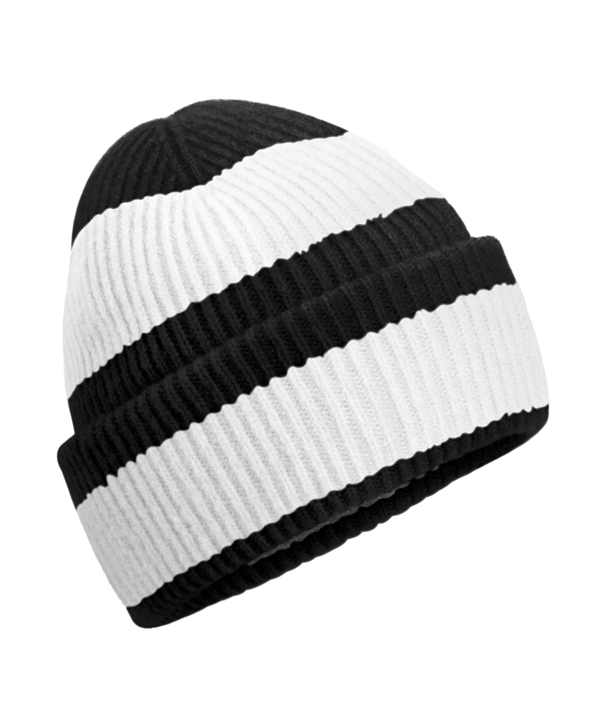 Beechfield Colour block beanie in Black/Soft White, front view