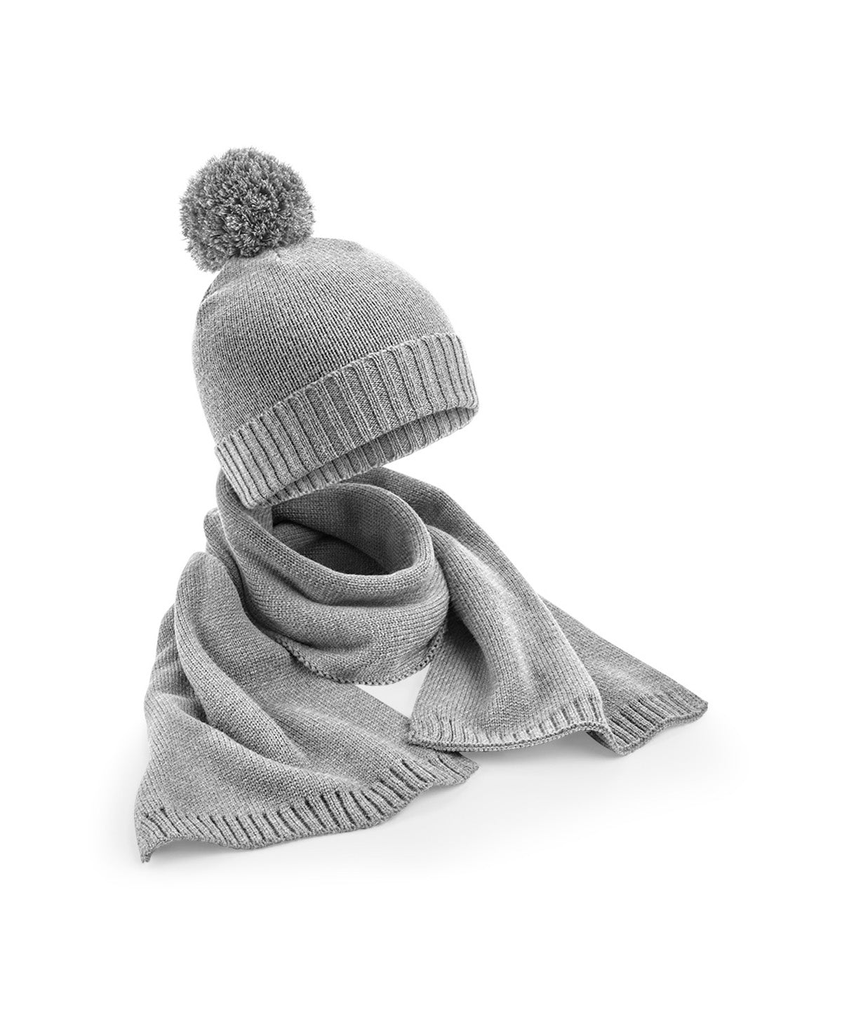 Beechfield Knitted scarf and beanie gift set in Light Grey Fleck, front view