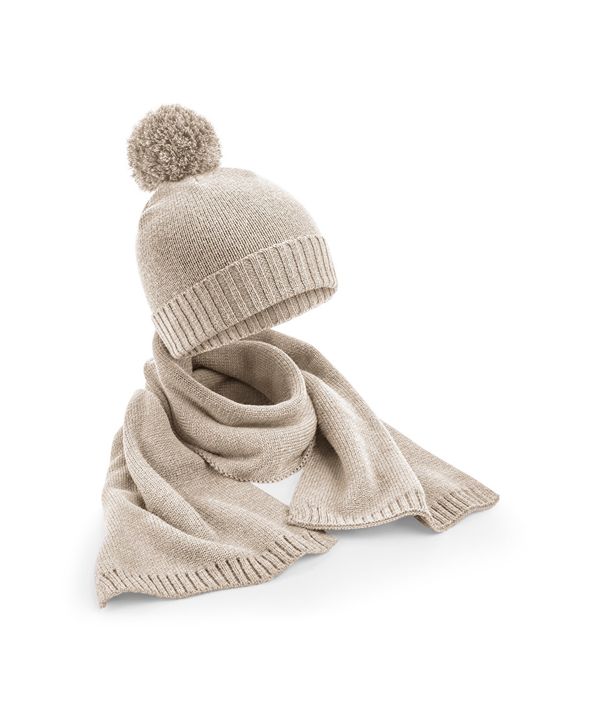 Beechfield Knitted scarf and beanie gift set in Oatmeal Fleck, front view
