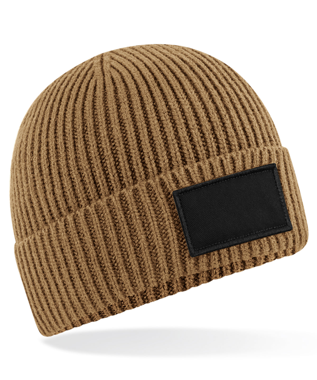Beechfield Fashion patch beanie in Biscuit/Black, front view