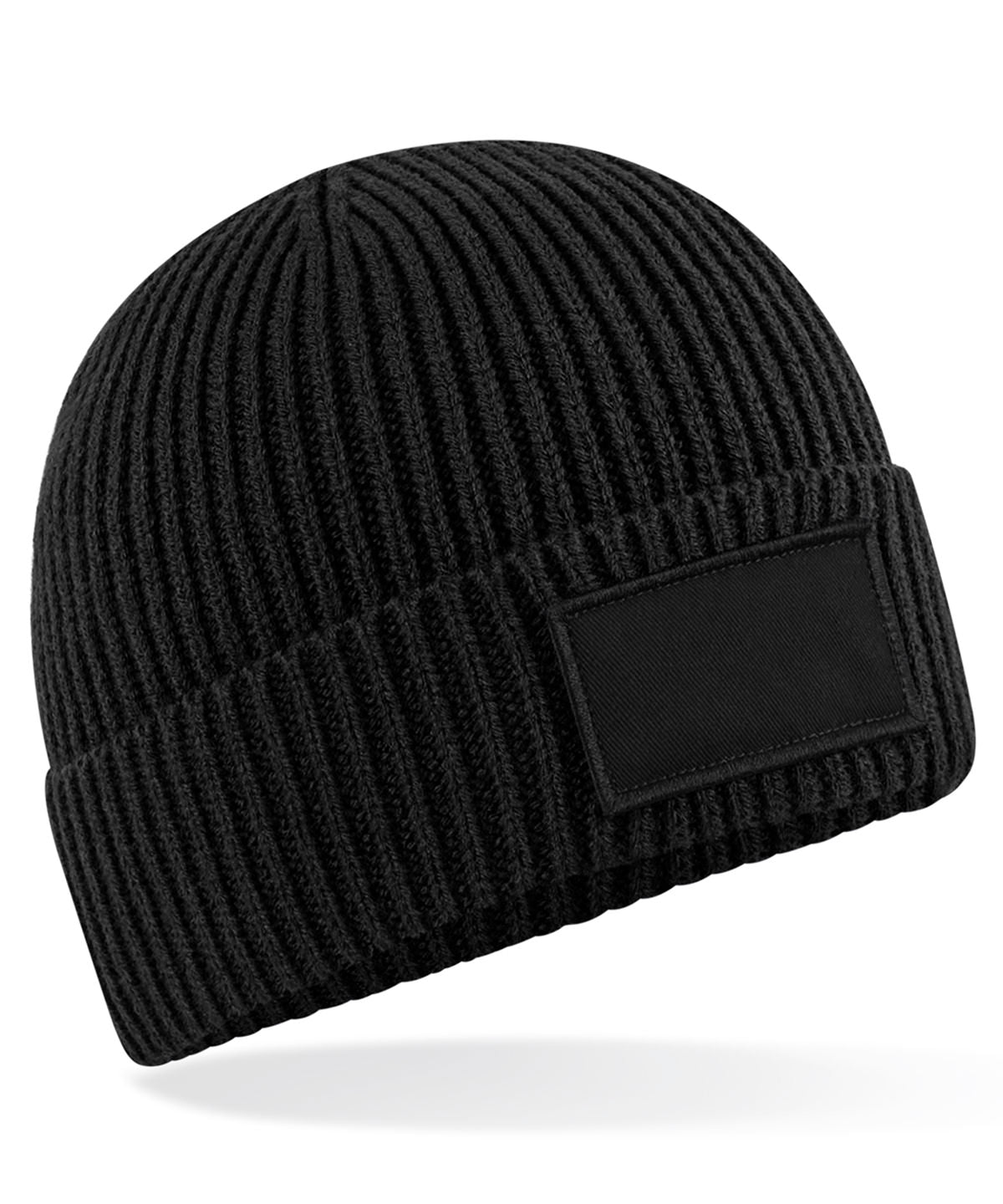 Beechfield Fashion patch beanie in Black, front view