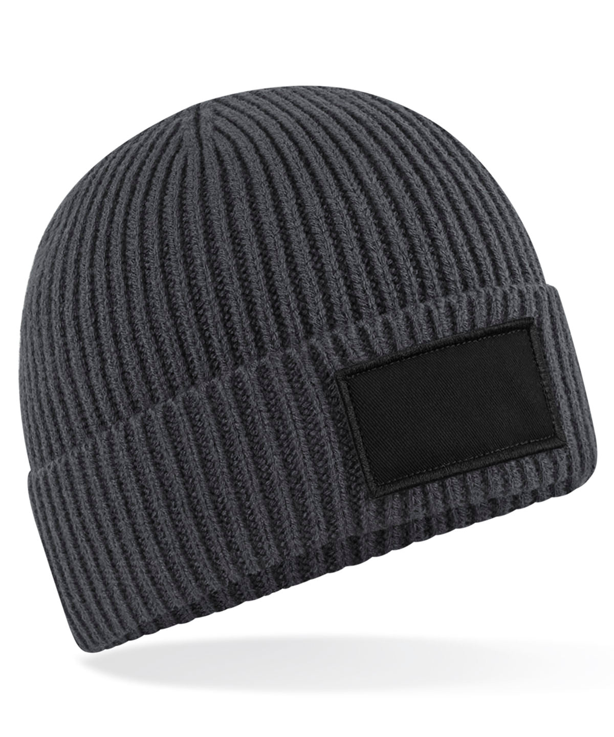 Beechfield Fashion patch beanie in Graphite Grey/Black, front view