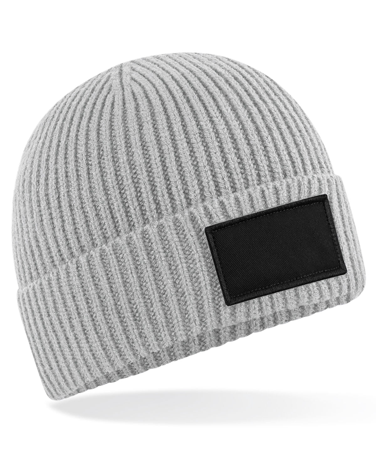 Beechfield Fashion patch beanie in Light Grey/Black, front view