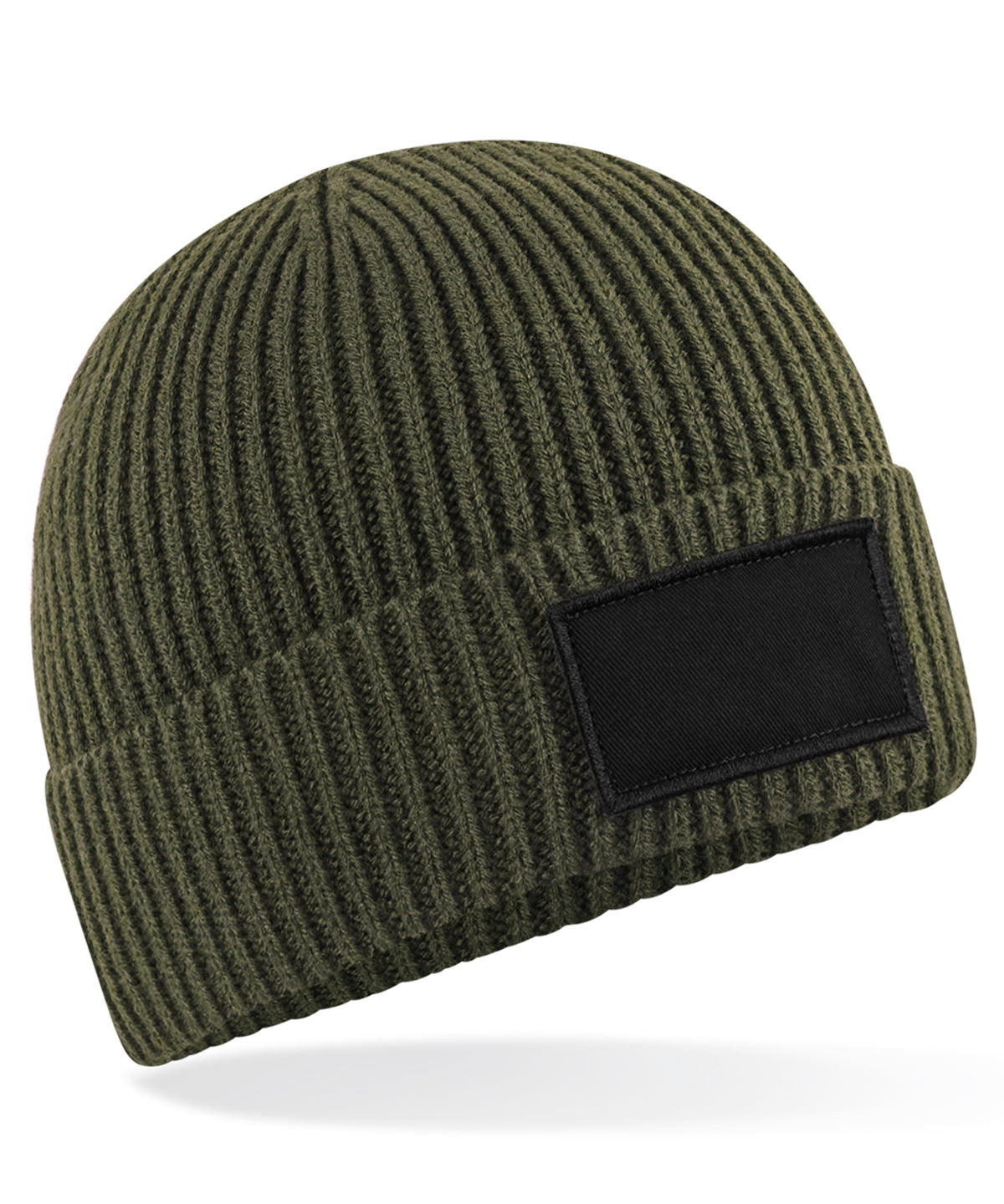 Beechfield Fashion patch beanie in Military Green/Black, front view