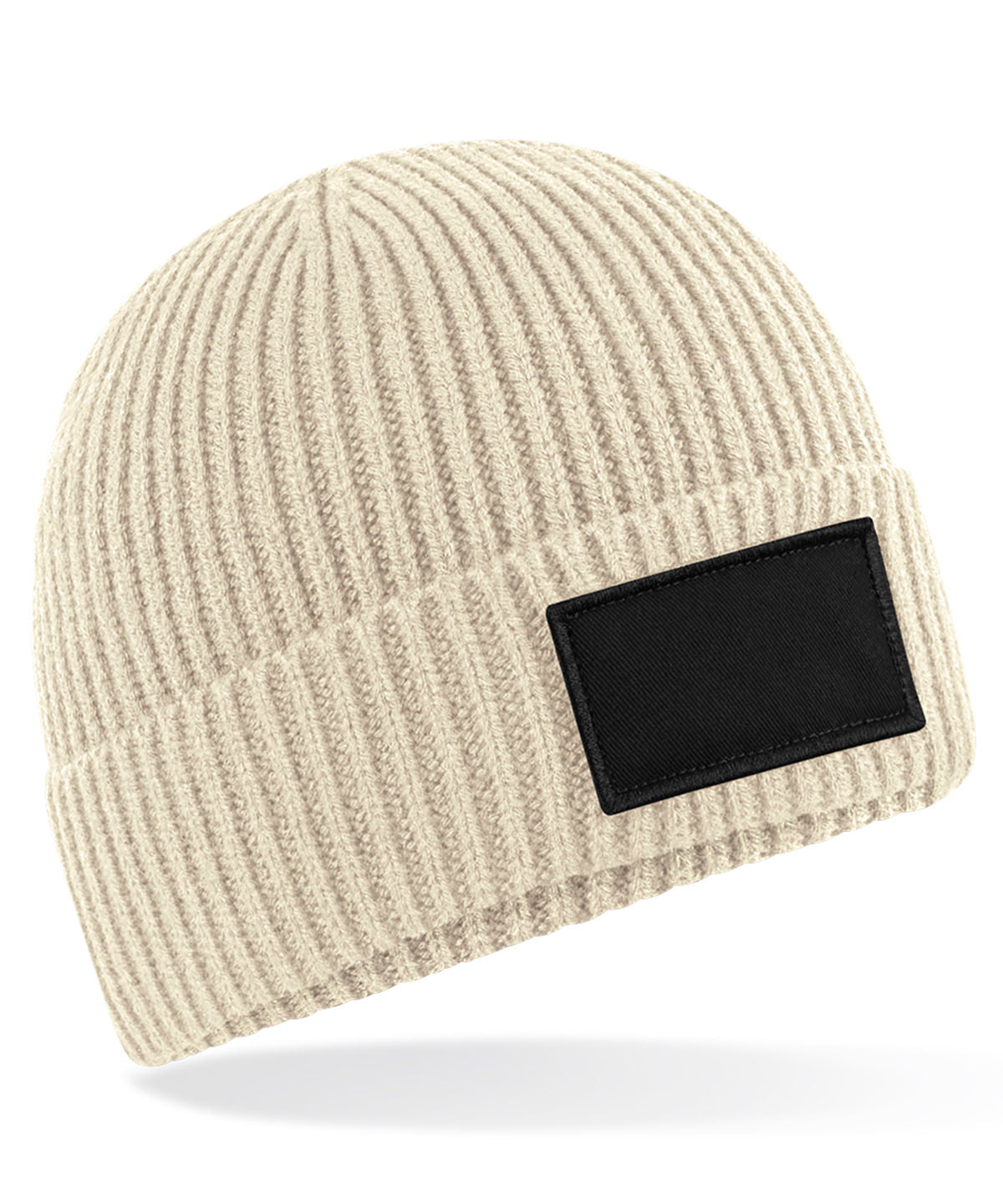 Beechfield Fashion patch beanie in Oatmeal/Black, front view