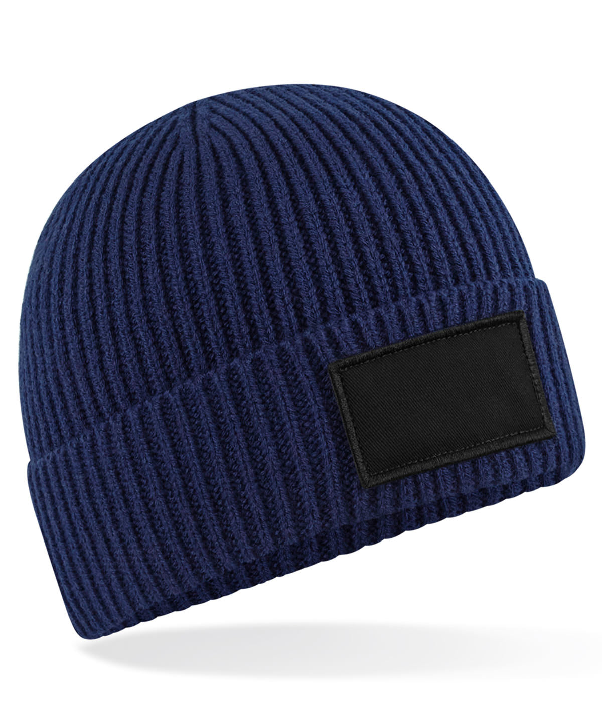 Beechfield Fashion patch beanie in Oxford Navy/Black, front view