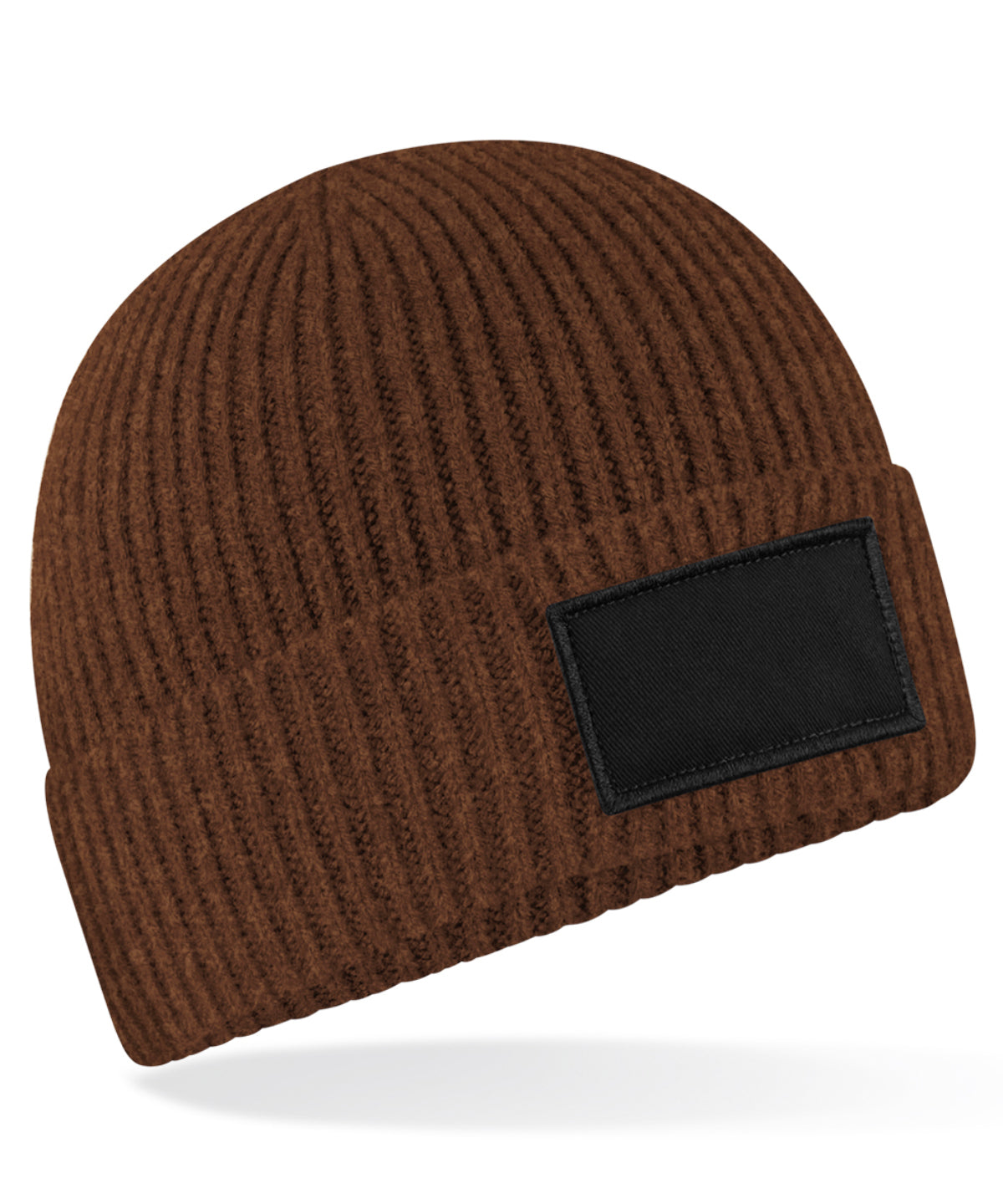 Beechfield Fashion patch beanie in Walnut/Black, front view