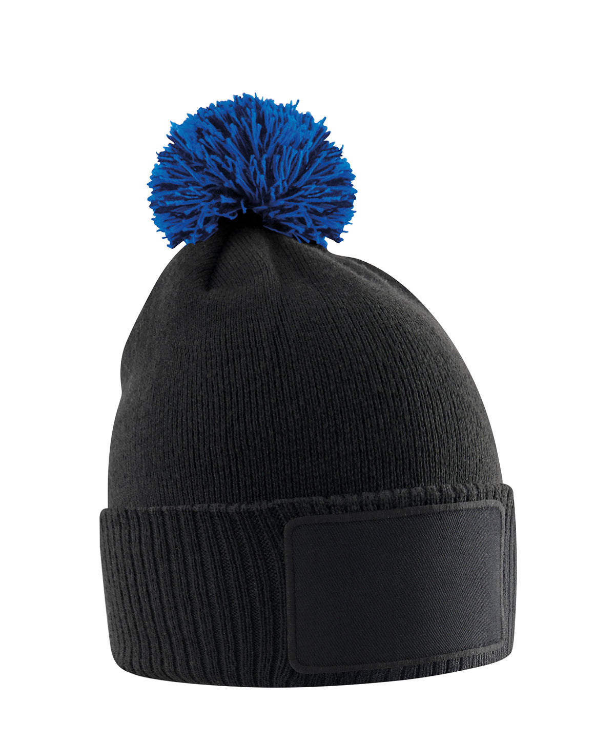 Beechfield Kids snowstar patch beanie in Black/Bright Royal, front view