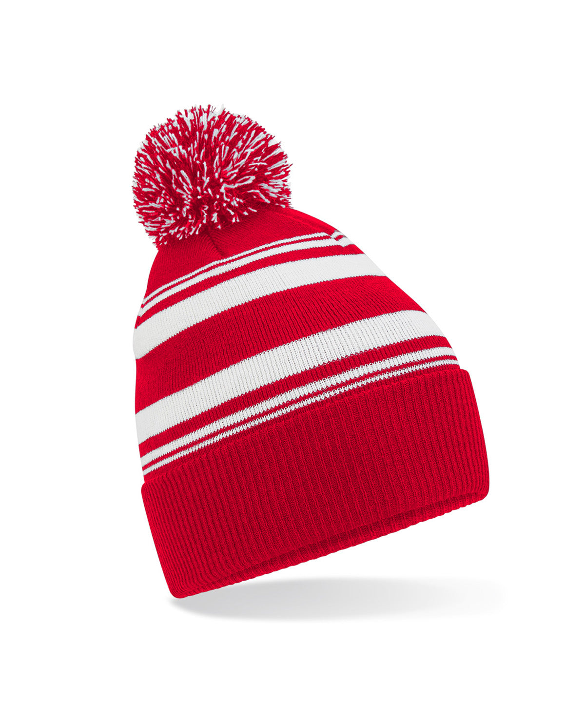 Beechfield Striped fan beanie in Classic Red/White, front view