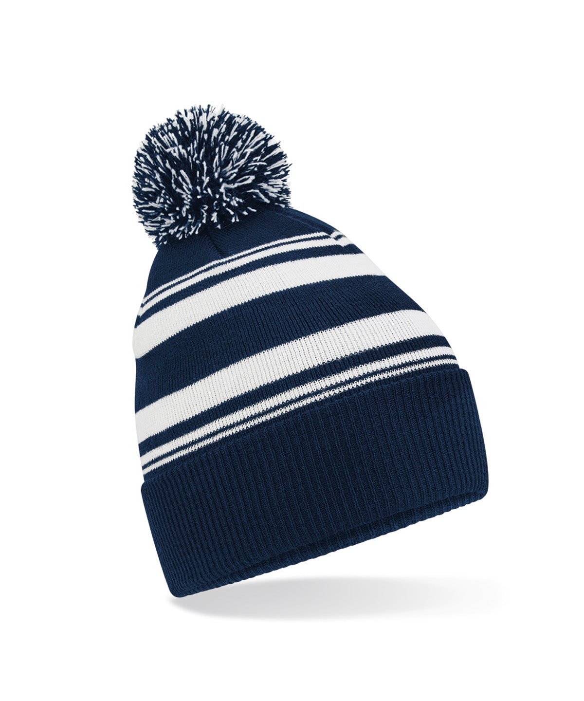 Beechfield Striped fan beanie in French Navy/White, front view