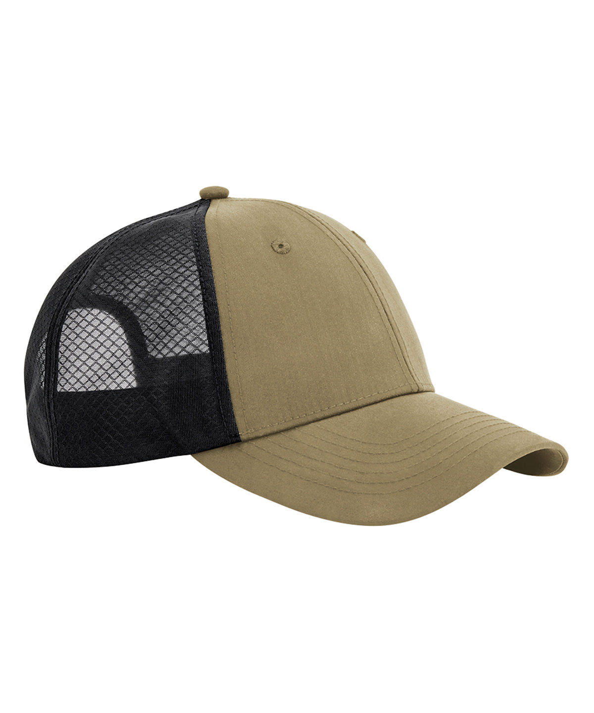 Beechfield Technical mesh trucker in Desert Sand/Black, front view