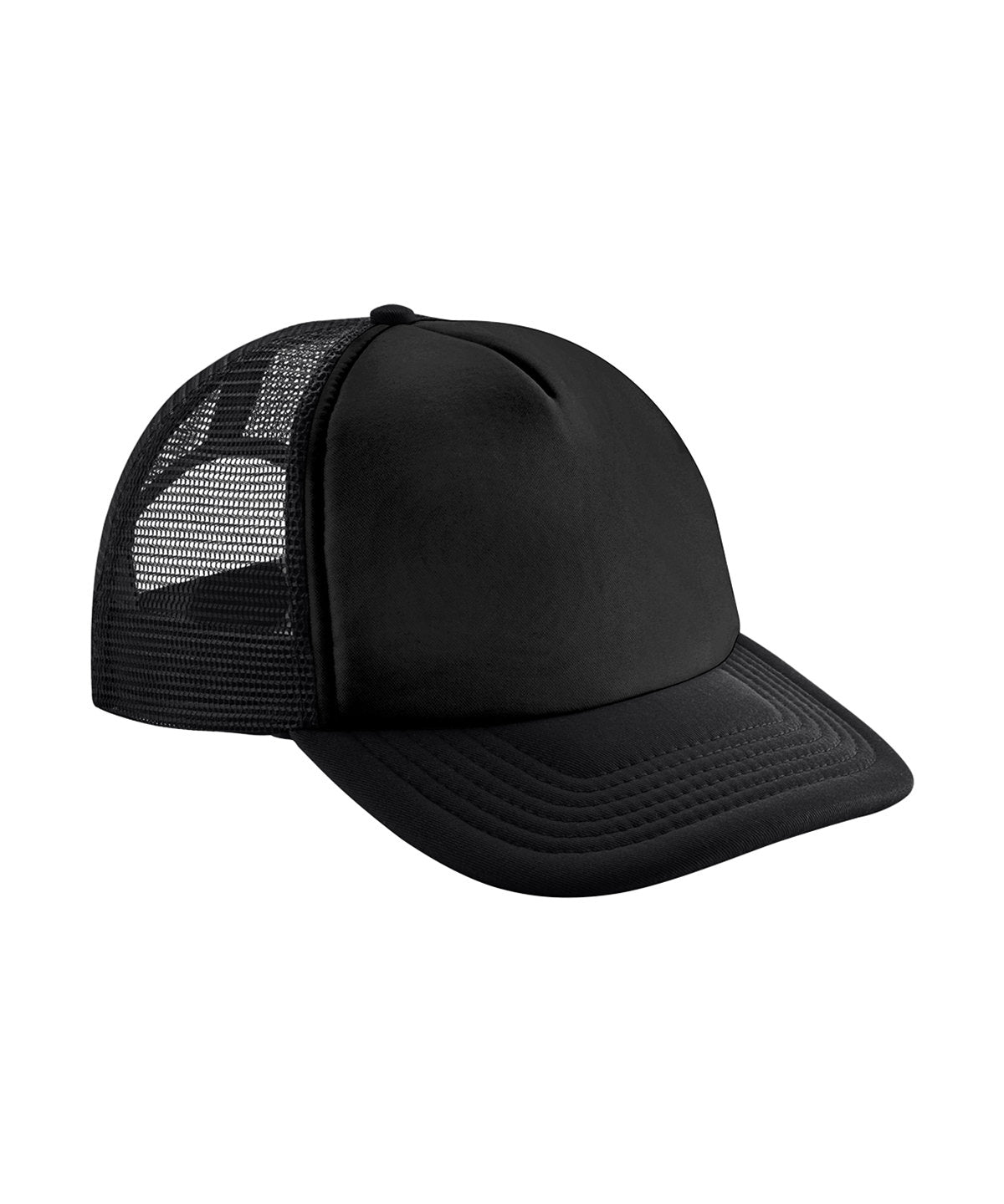 Beechfield Junior vintage snapback trucker in Black/Black, front view