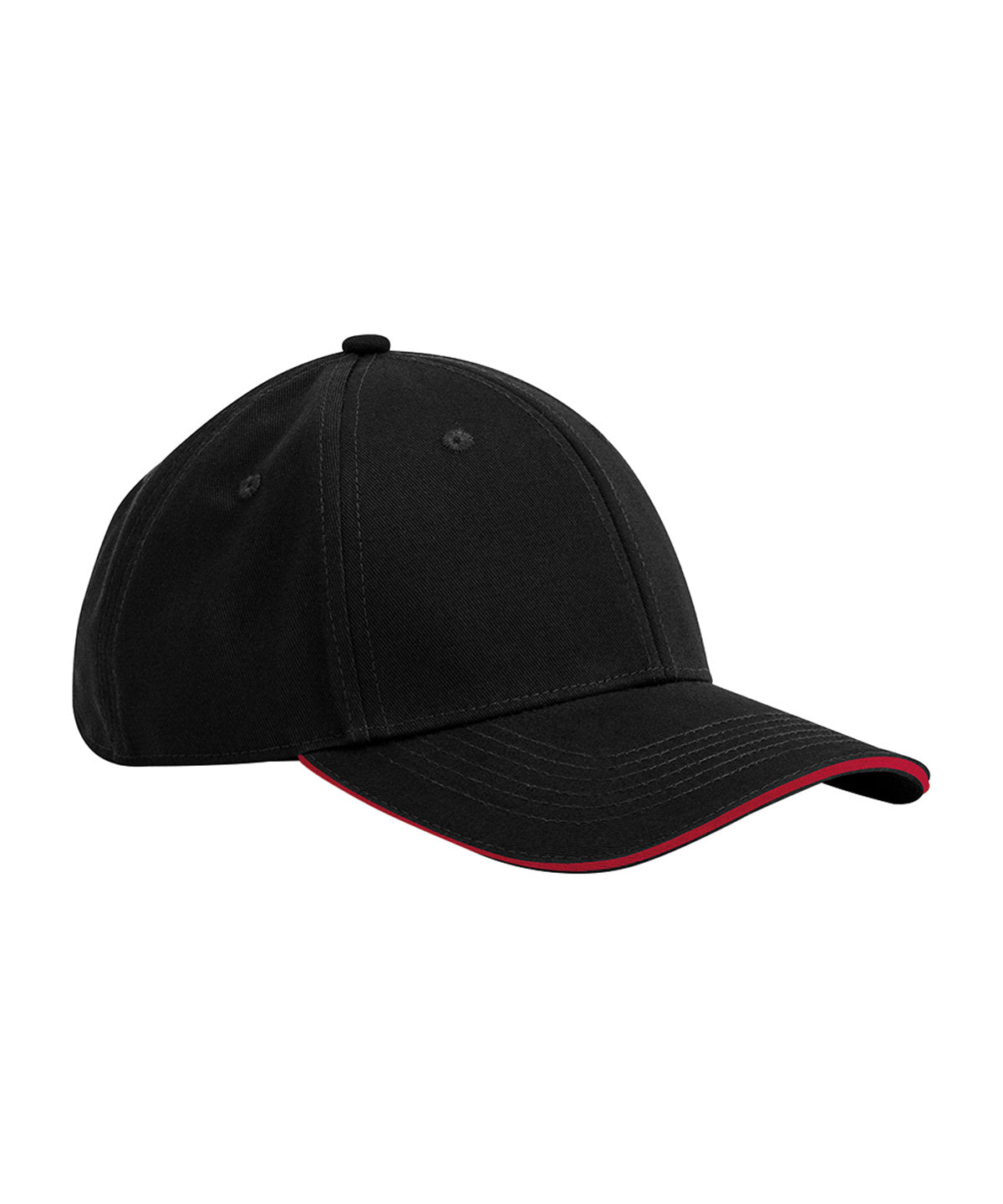 Beechfield EarthAware classic organic cotton 6-panel cap – sandwich peak in Black/Classic Red, front view