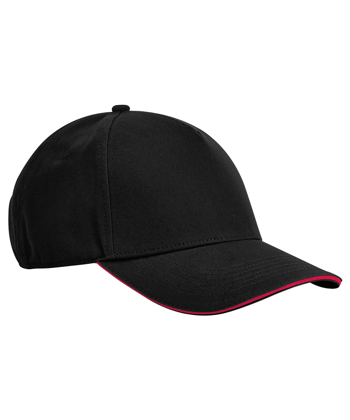 Beechfield EarthAware classic organic cotton 5-panel cap – sandwich peak in Black/Classic Red, front view