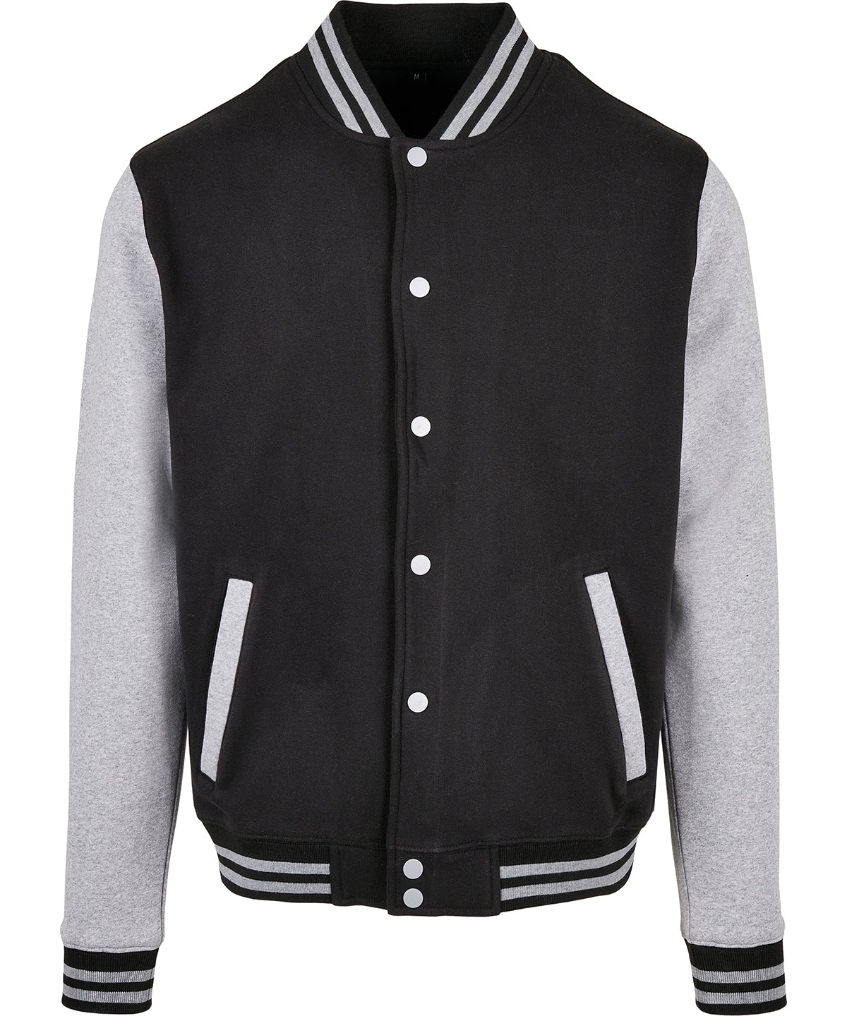 Build Your Brand Basic College jacket in Black/Heather Grey, front view