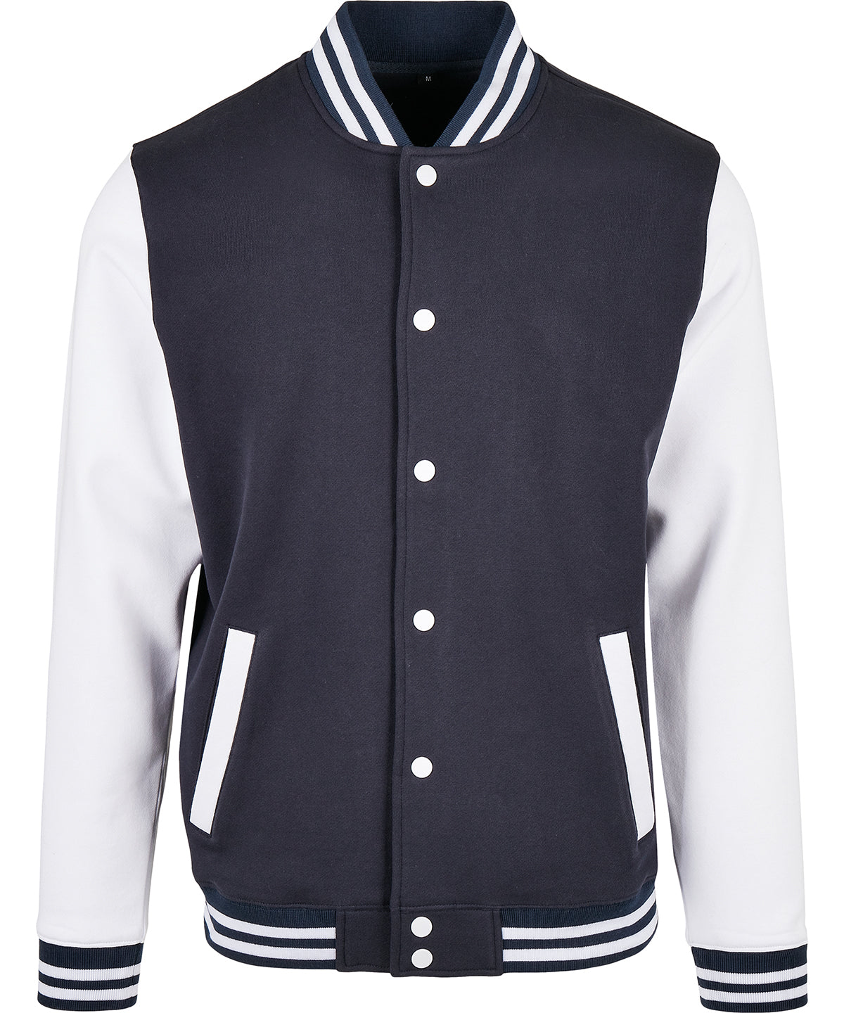 Build Your Brand Basic College jacket in Navy/White, front view