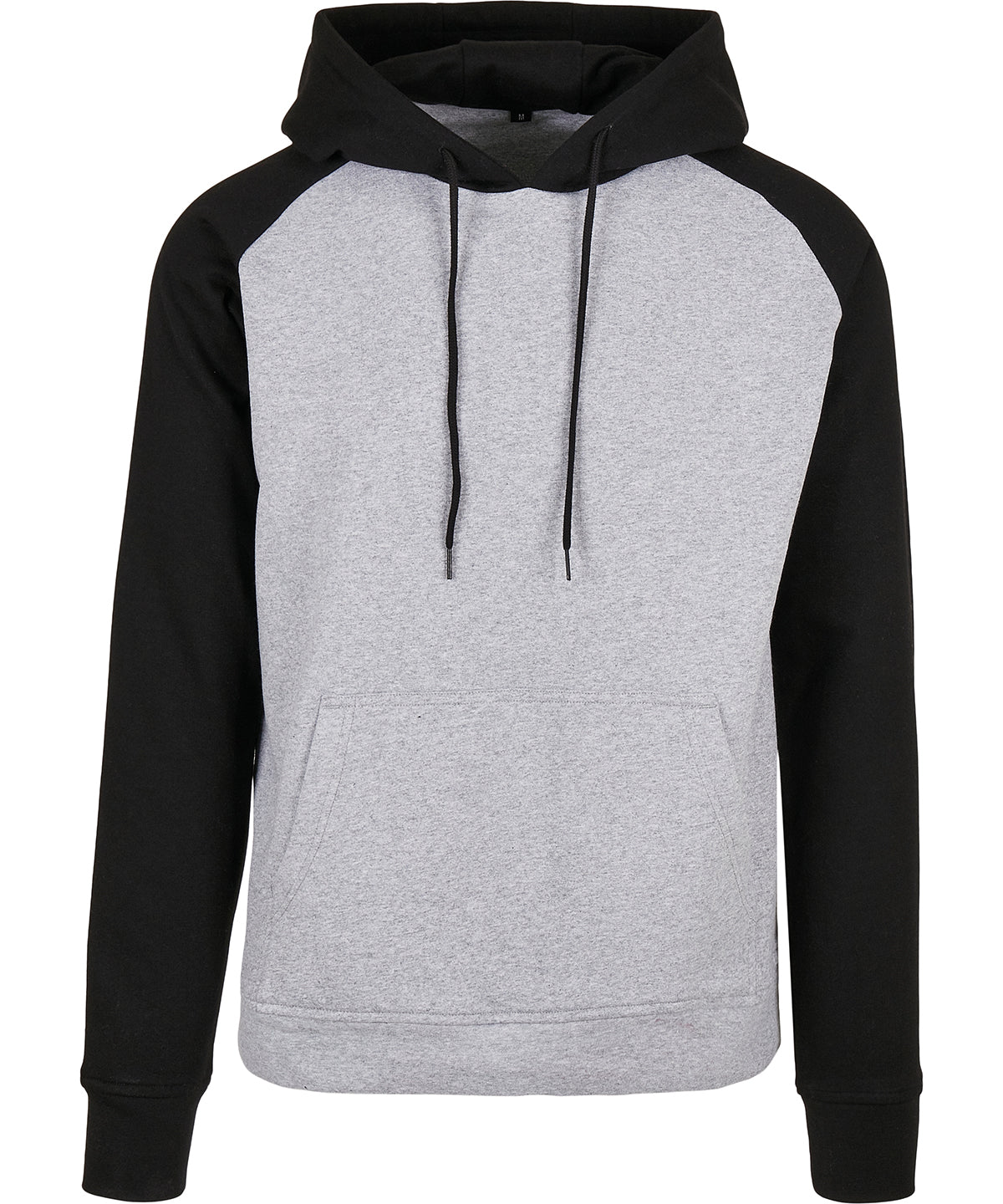 Build Your Brand Basic Raglan hoodie in Heather Grey/Black, front view