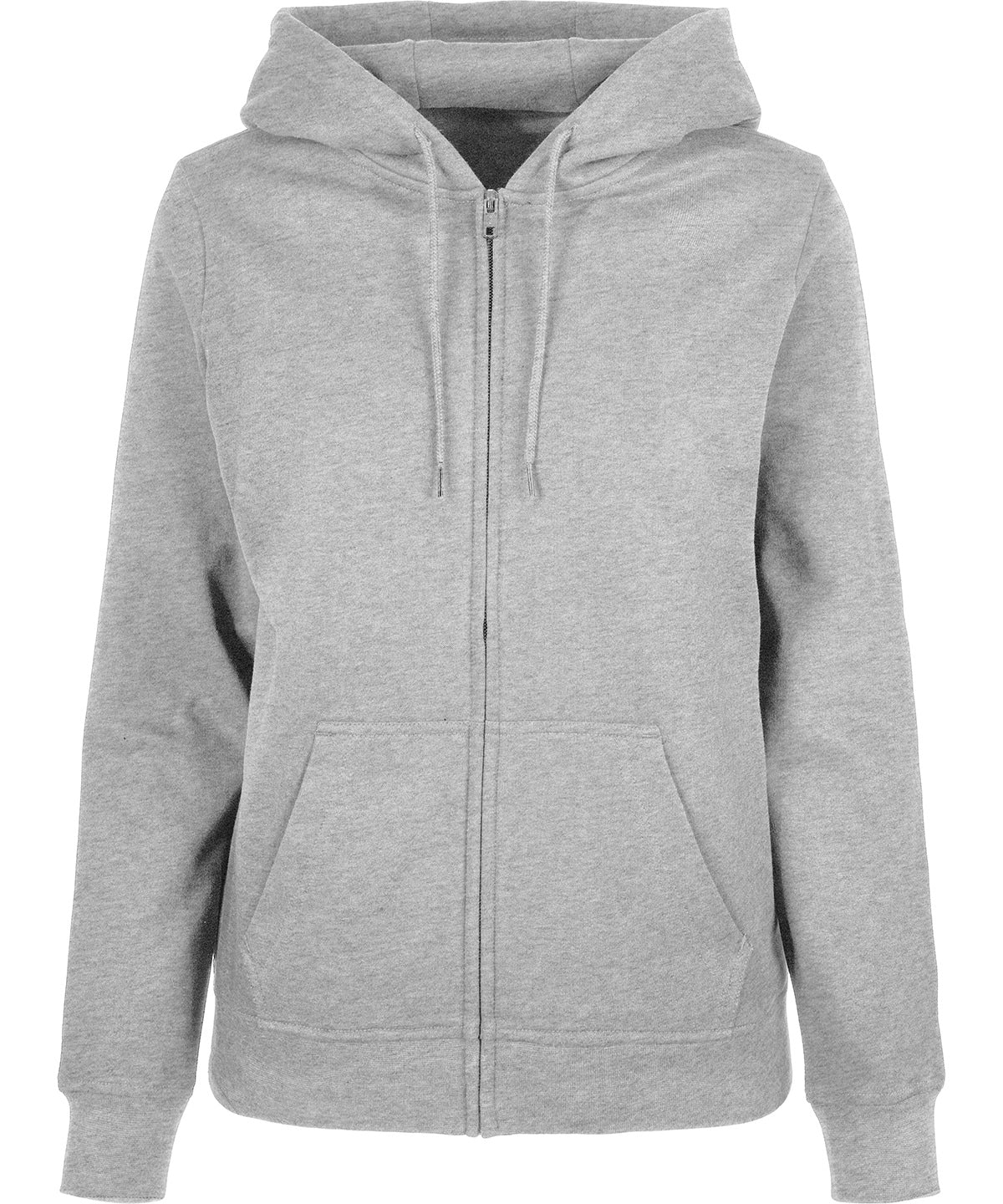 Build Your Brand Basic Women’s basic zip hoodie in Heather Grey, front view