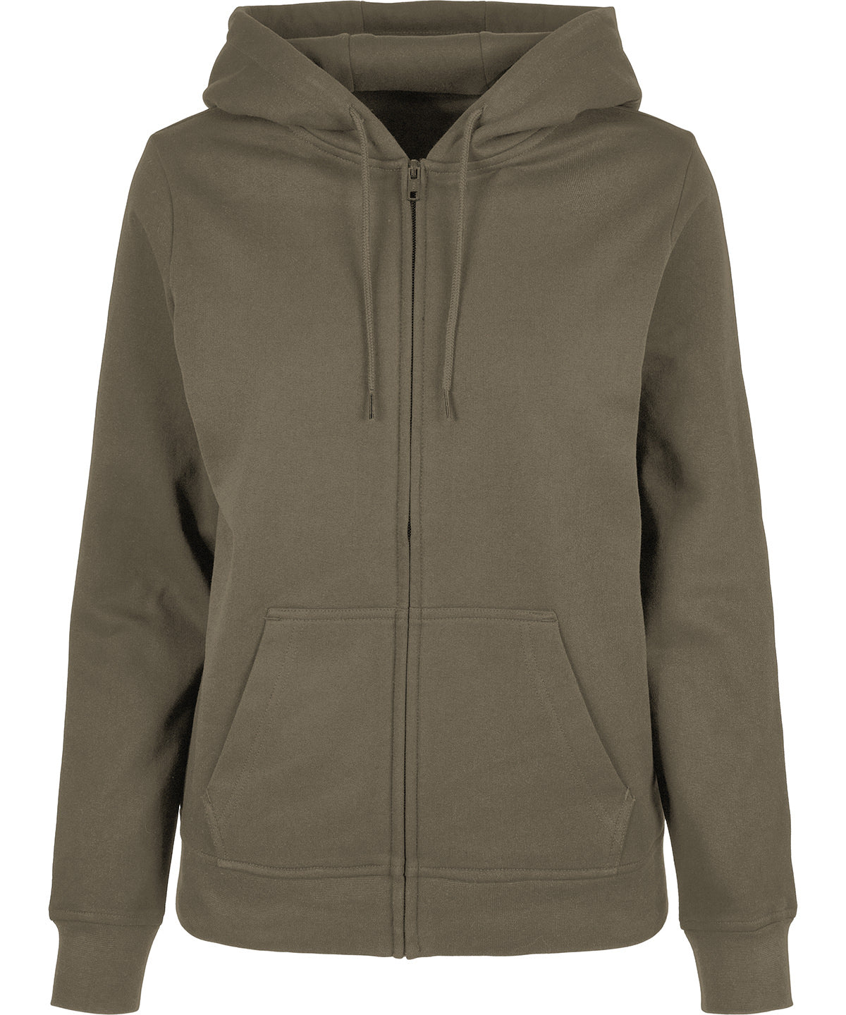 Build Your Brand Basic Women’s basic zip hoodie in Olive, front view