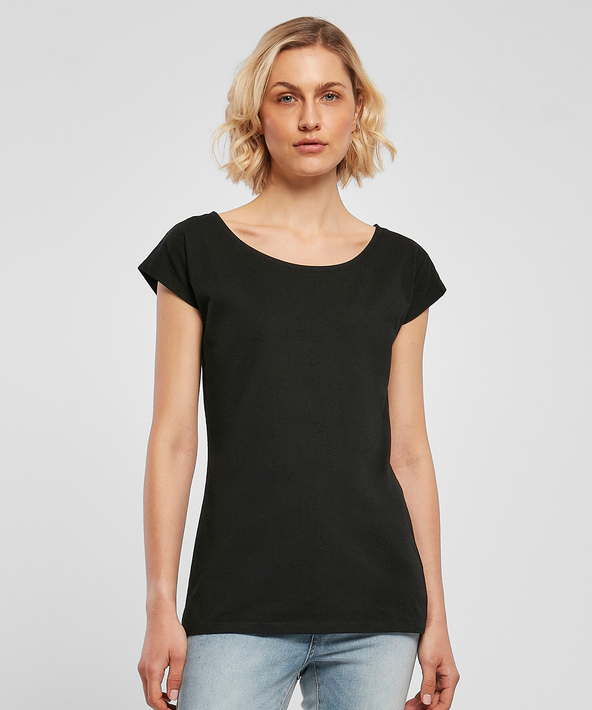 Build Your Brand Basic Women's wide neck tee, lifestyle photo