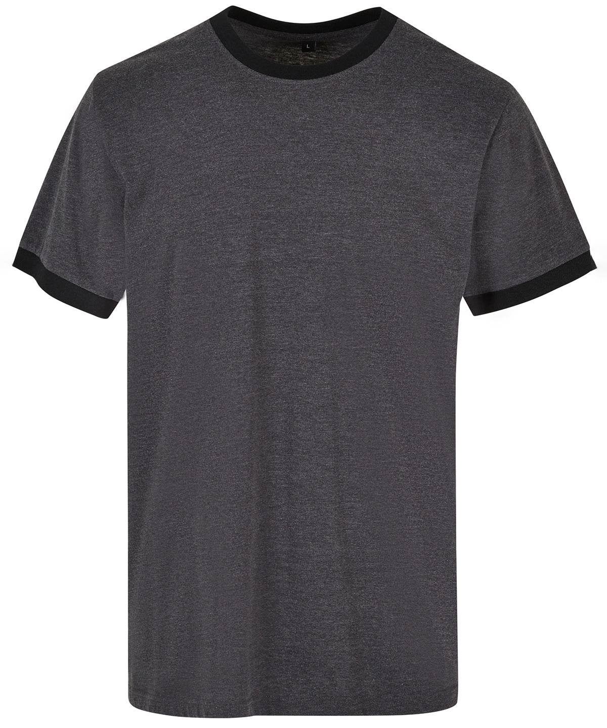 Build Your Brand Basic Ringer tee in Charcoal/Black, front view