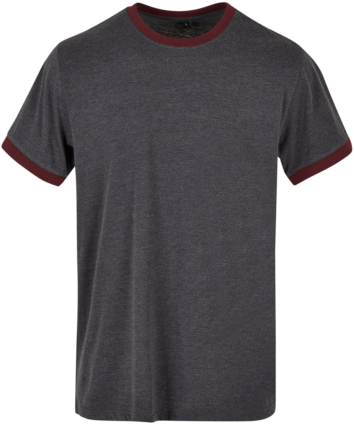 Build Your Brand Basic Ringer tee in Charcoal/Cherry, front view