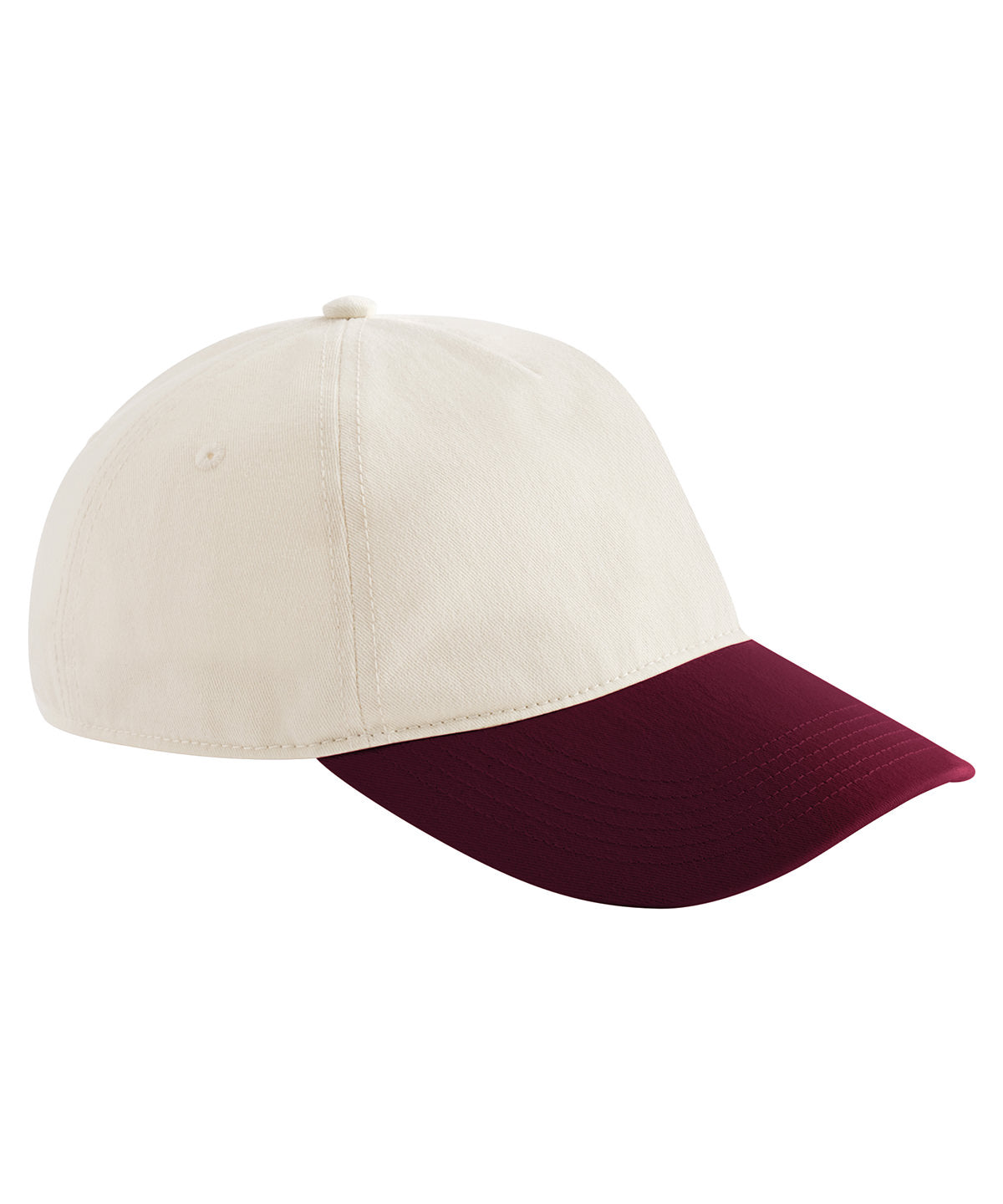 Beechfield Contrast peak leisure cap in Natural/Burgundy, front view