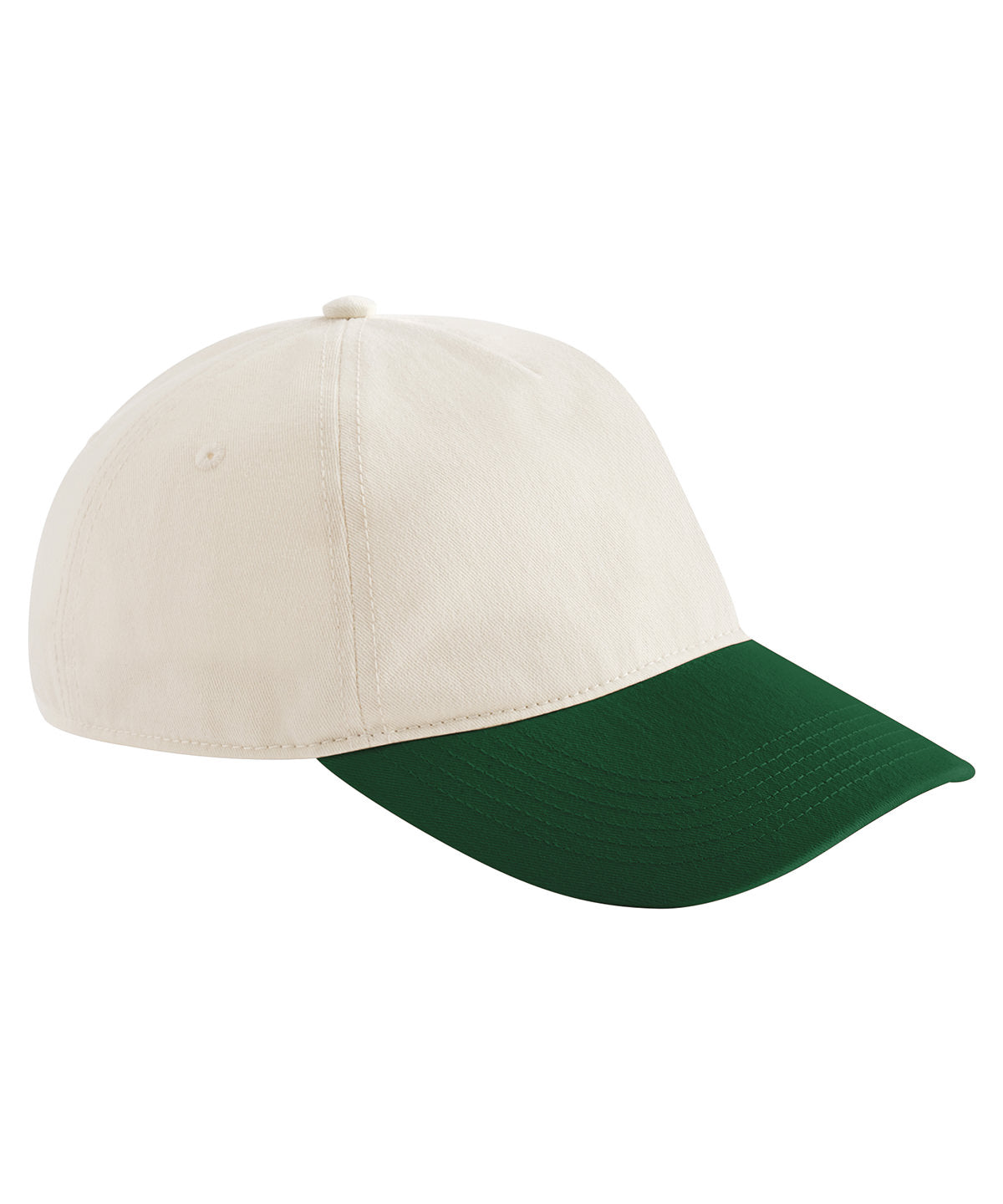 Beechfield Contrast peak leisure cap in Natural/Forest Green, front view