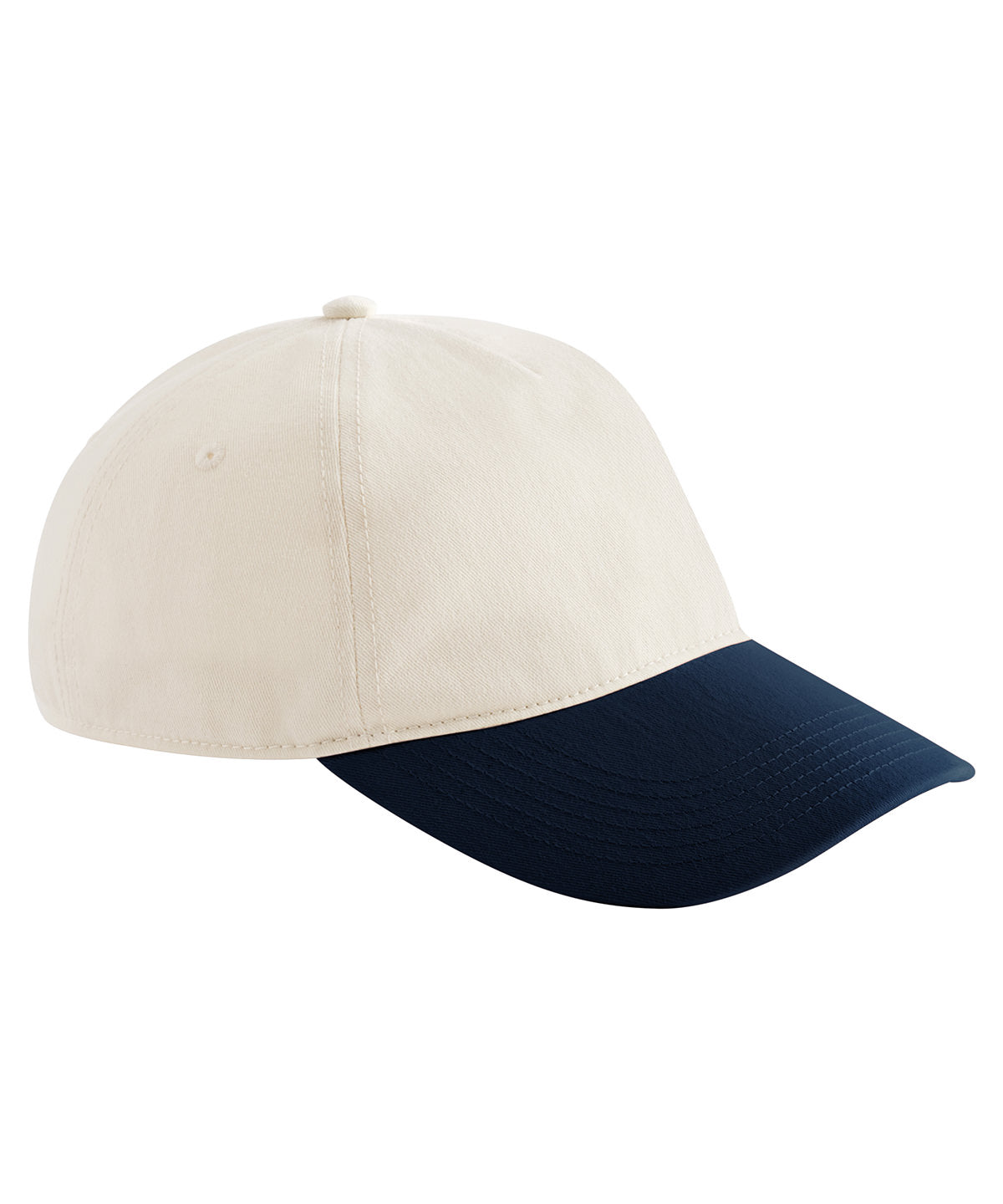 Beechfield Contrast peak leisure cap in Natural/French Navy, front view