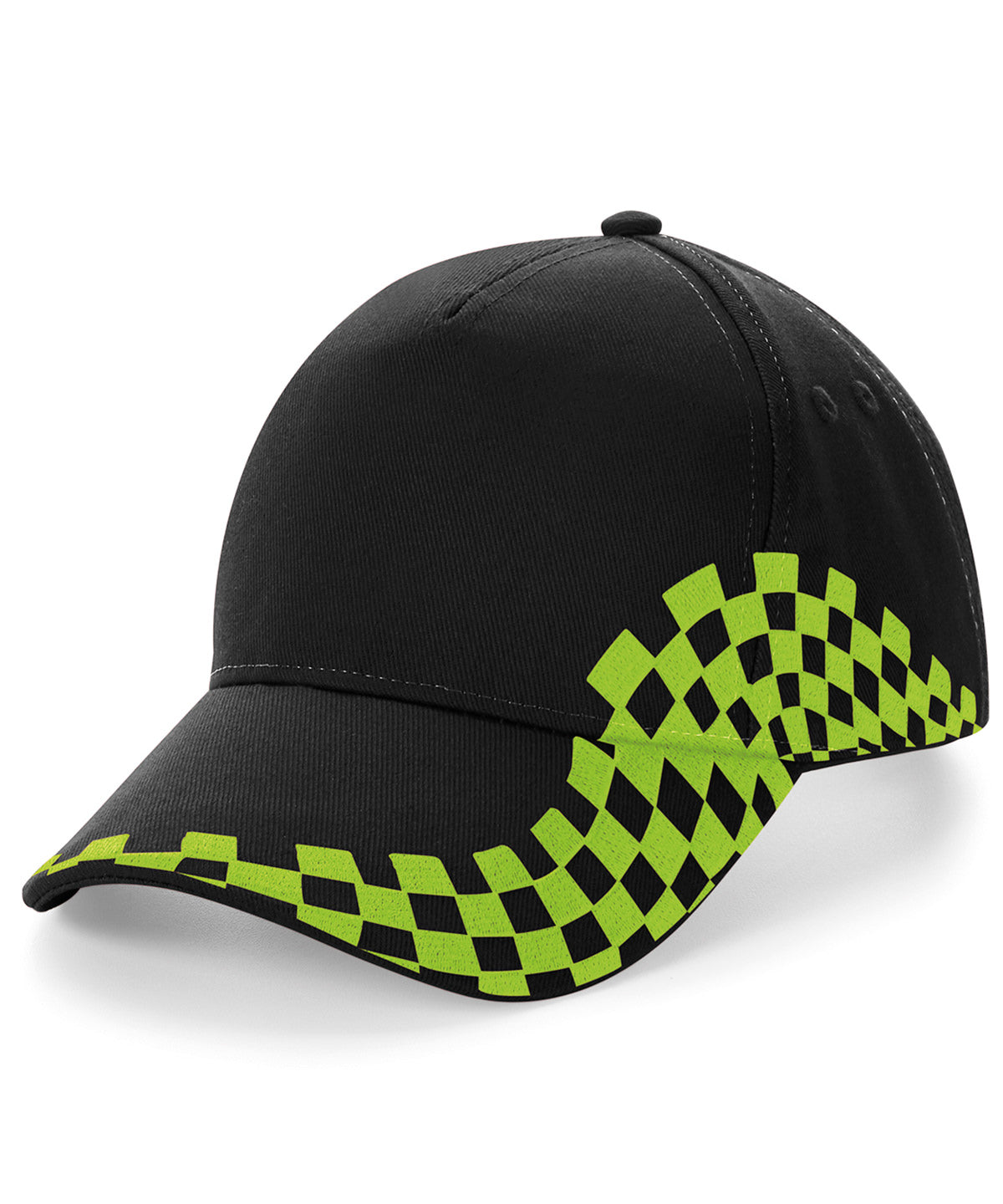 Beechfield Grand Prix cap in Black/Lime Green, front view