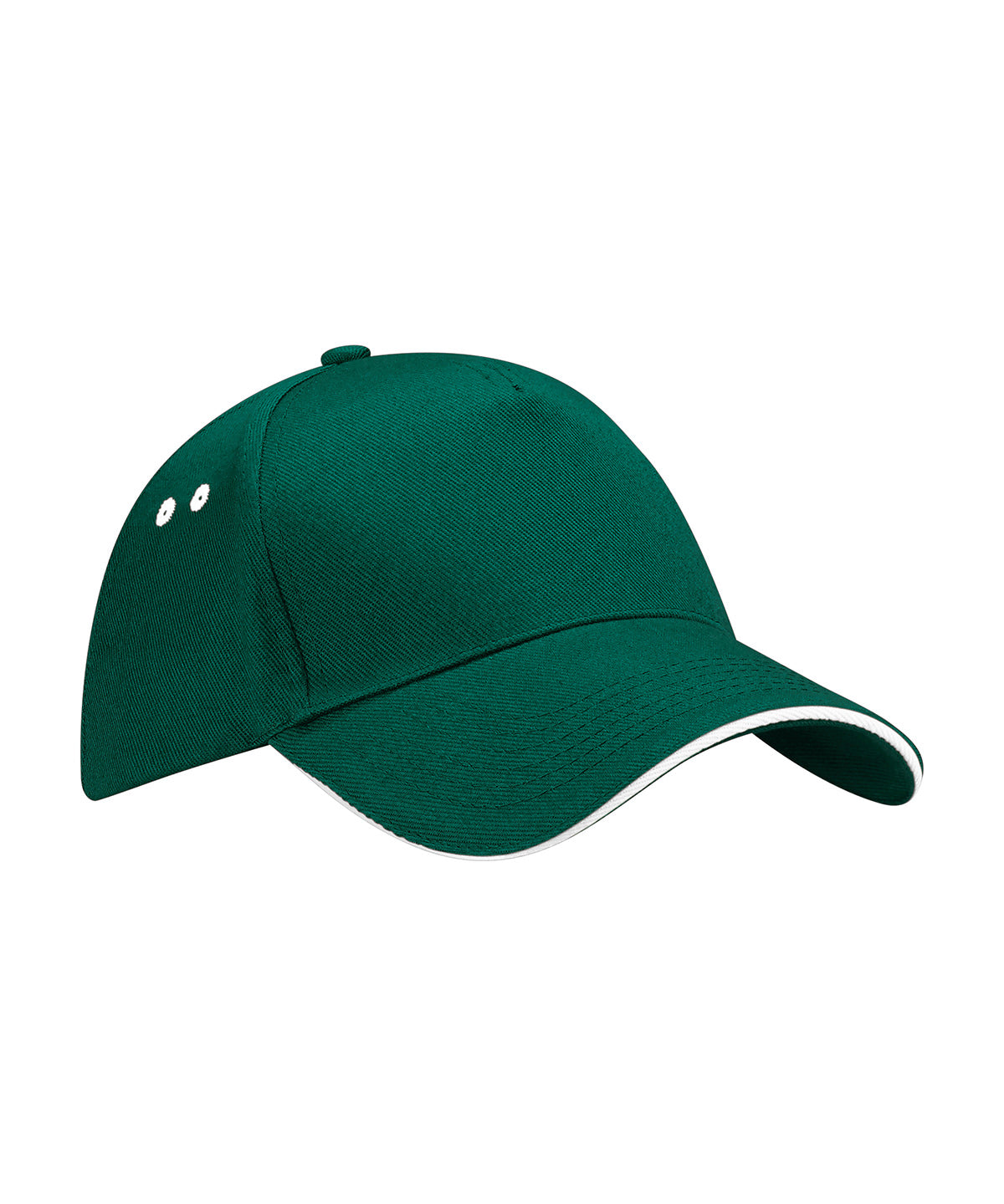 Beechfield Ultimate 5-panel cap - sandwich peak in Bottle Green/White, front view